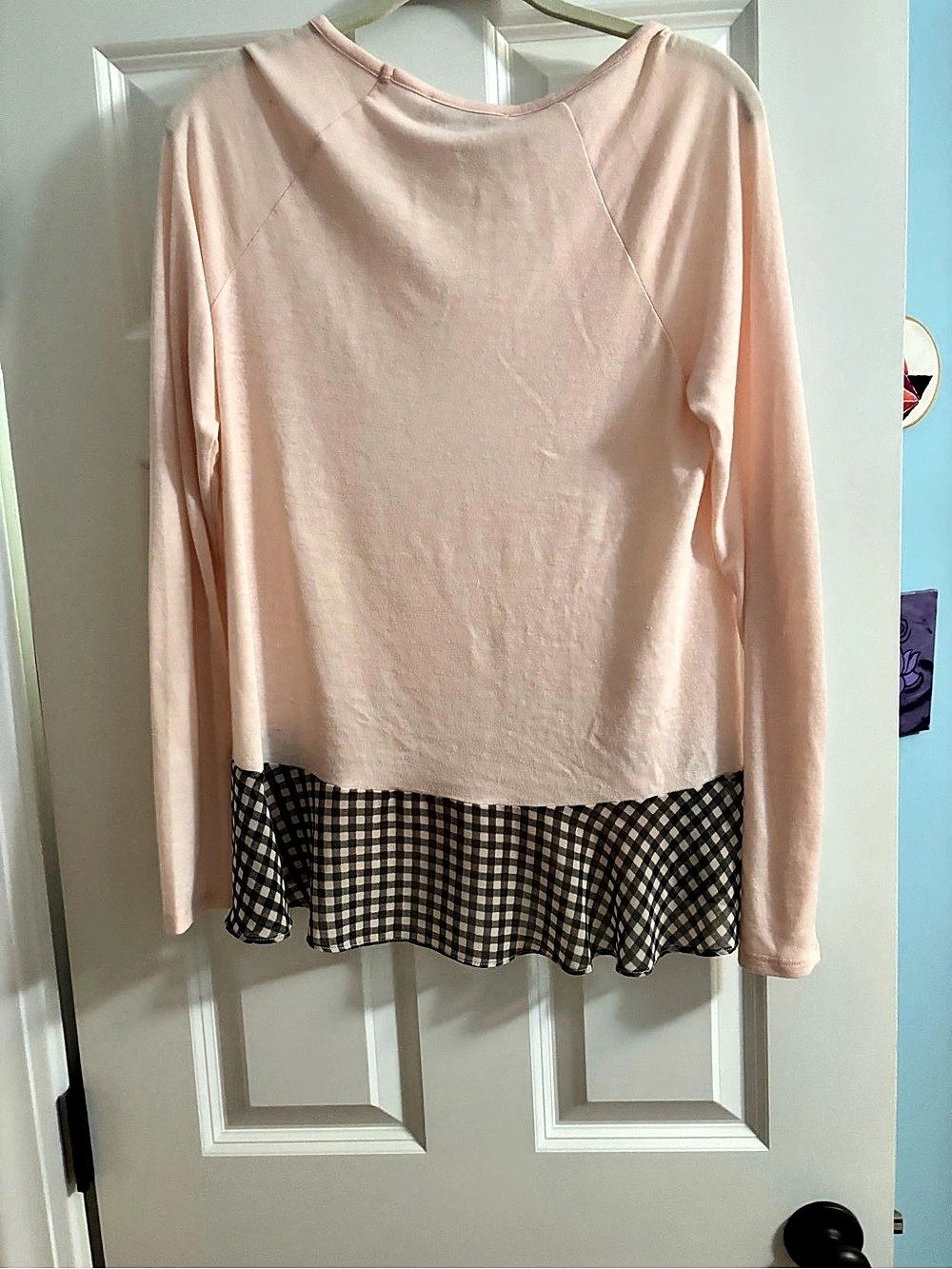 LOFT Gingham Ruffle Hem Long Sleeve Top in Pink Size XS Like New